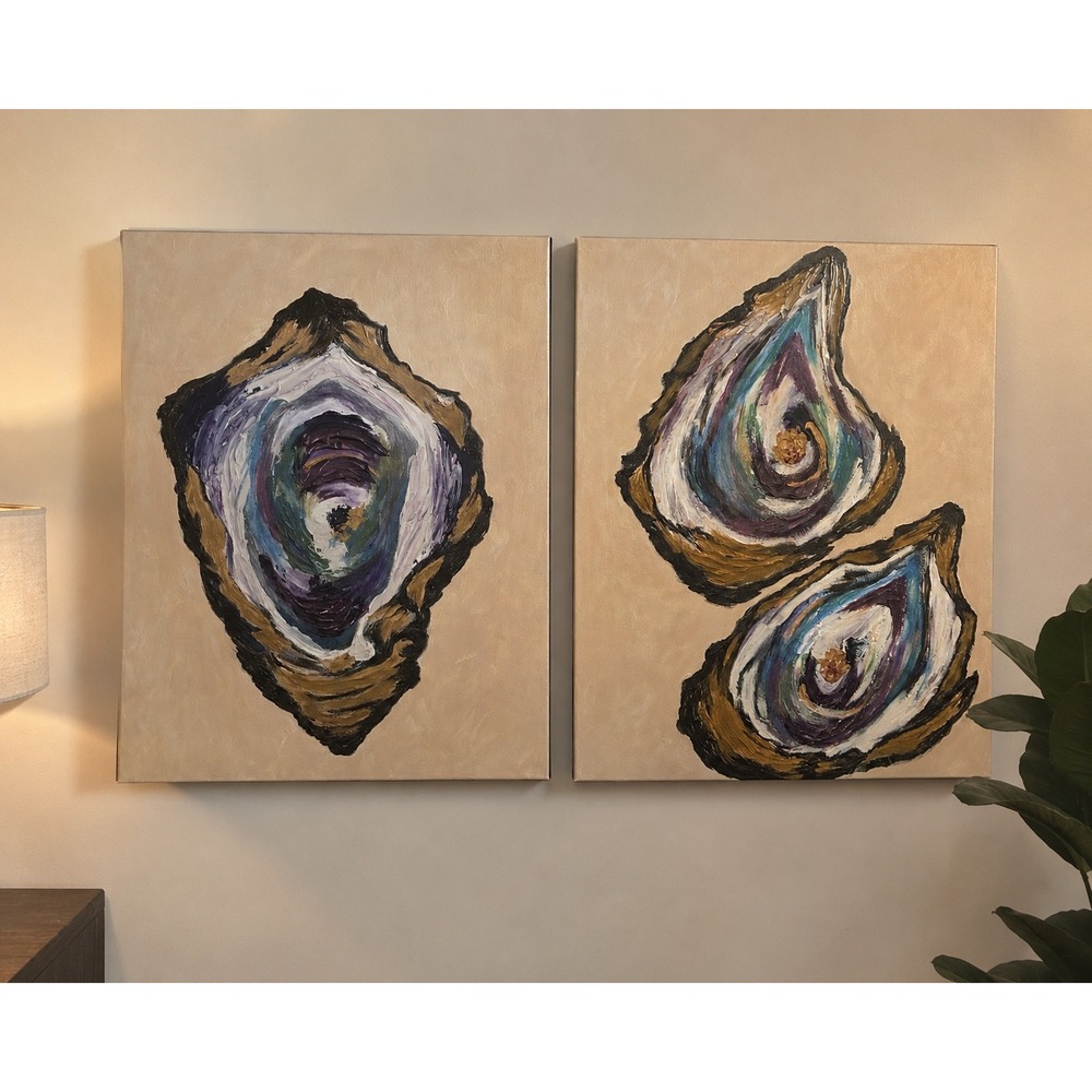 Oyster Canvas Set Art Unisex OS Gold Purple‎ Excellent Impasto Coastal